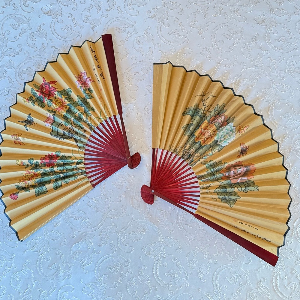 Set of 2 Chinese Hand Fans w/ Red & Yellow Accents. Floral & Butterfly design
